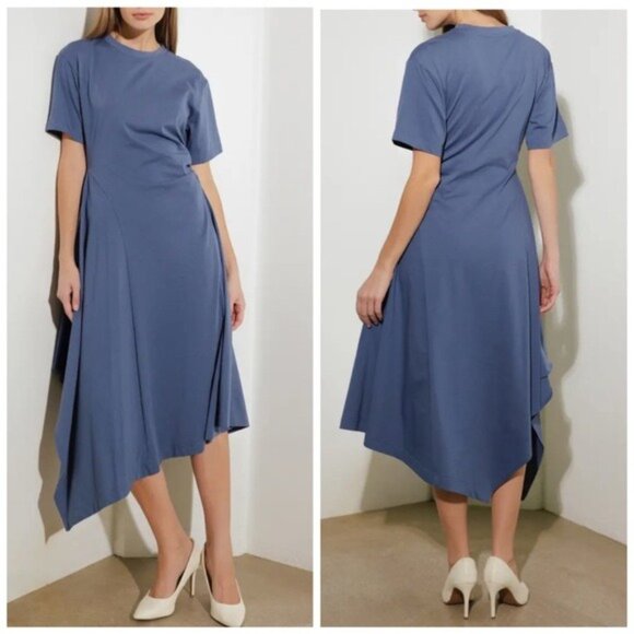 COS Slate Blue Asymmetric Hem T-Shirt Dress Cotton Blend Size Medium - Picture 15 of 16